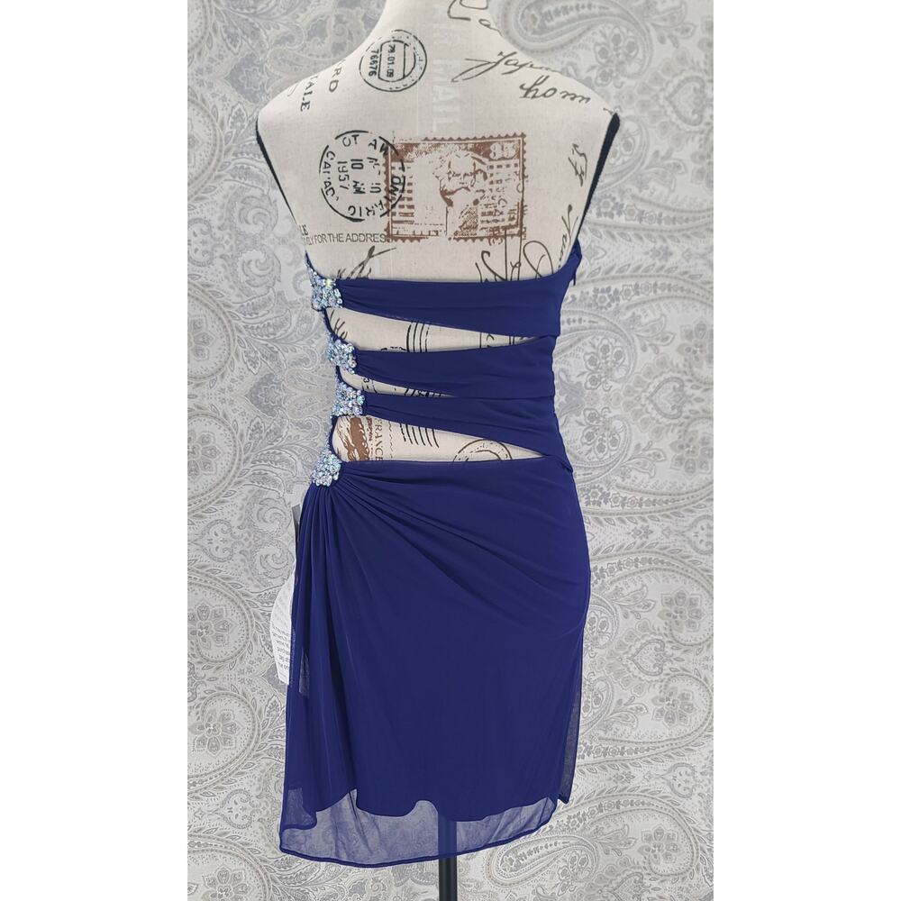 Morgan & Co Glam HOCO party Mini Dress Sz 3/4 Crystal embellishment pleated Blue - Picture 3 of 14